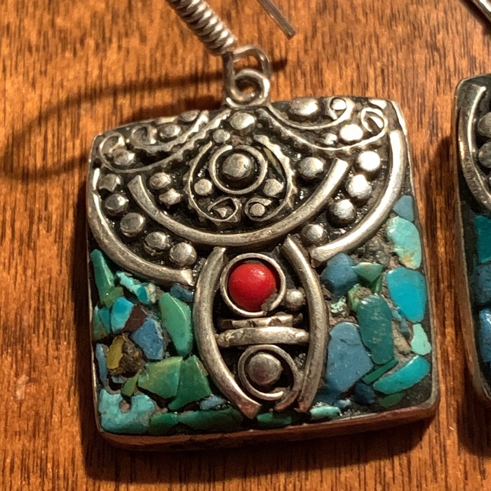 Turquoise & Silver gemstone bohemian gypsy hippie pierced earrings
